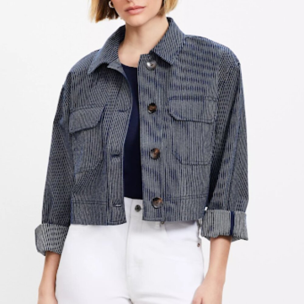 LOFT Navy Pinstripe Cropped Jean Jacket - Boxy Crop